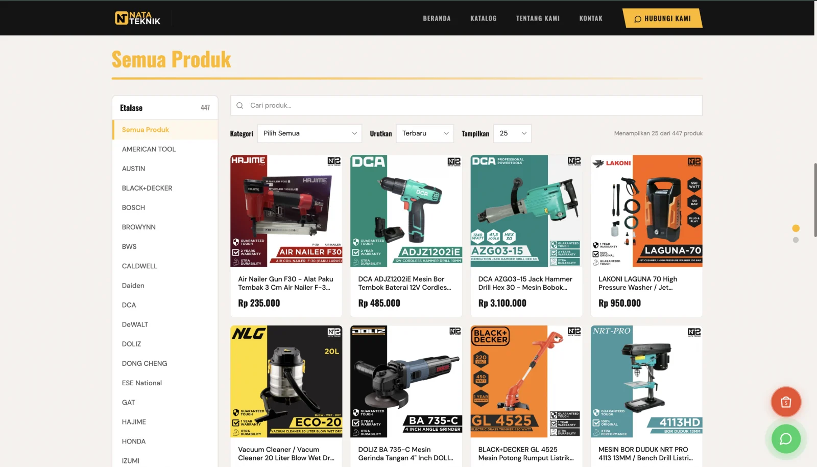 Nata Teknik catalog page: search, brand filters and a grid of hardware products with prices (447 listed)