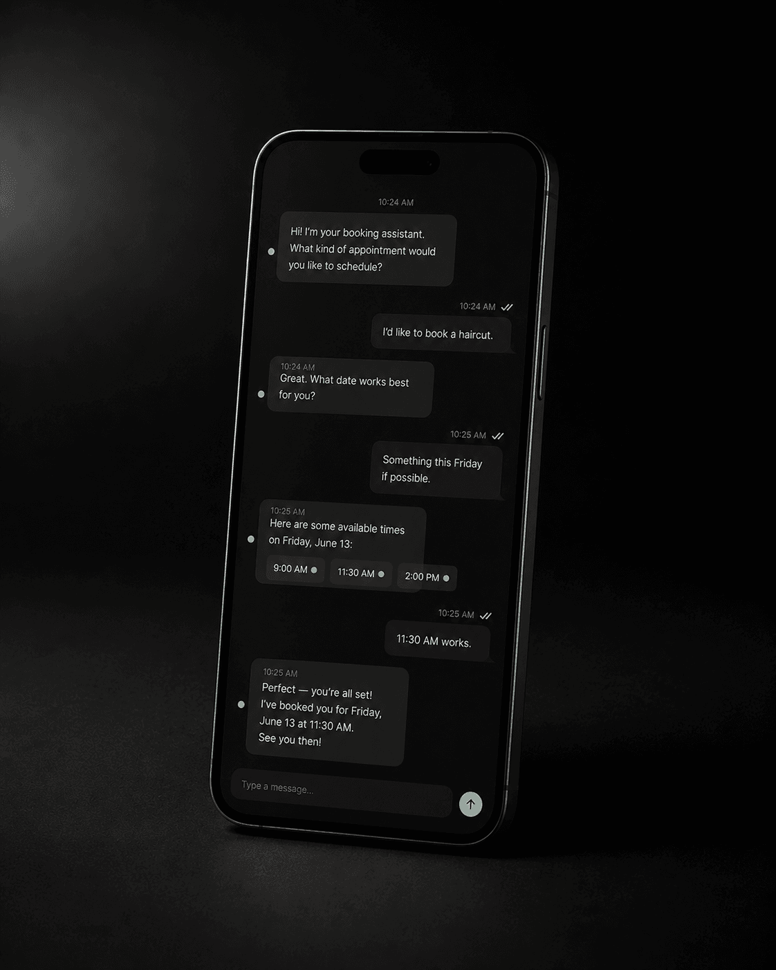Phone showing a WhatsApp conversation booking an appointment